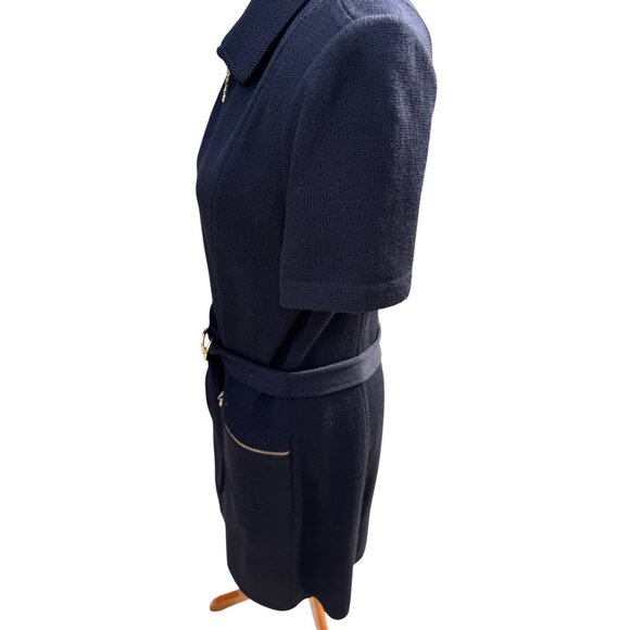 Vintage Black Short Sleeve Belted Knit Dress With Gold Zipper & Pockets - Picture 4 of 8